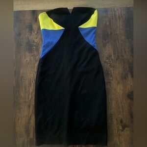 Trina Turk Strapless Dress with Black, Blue, and Yellow Panels